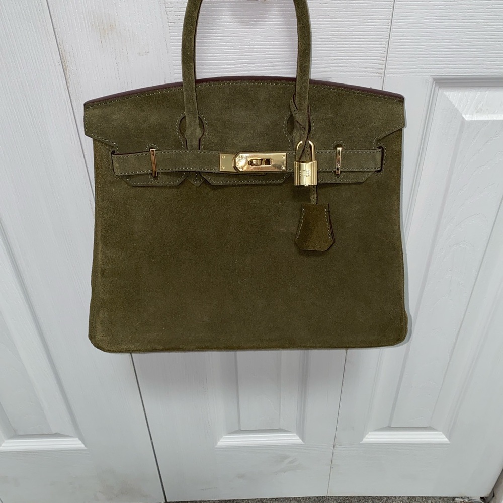 30cm genuine suede army green top handle handbag